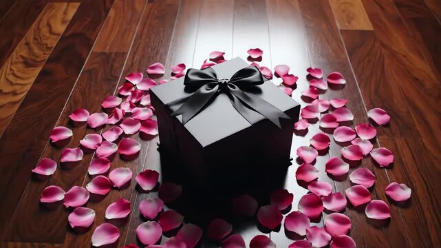 High angle sweeping overhead shot revealing a solitary luxurious black gift box surrounded by scattered pink petals on a wide polished dark wooden floor with vast negative space marketing, luxury, box