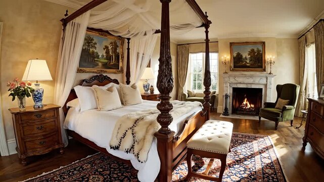 High angle sweeping panoramic shot gliding across an entire elegant country bedroom showcasing classic art hanging above a large wooden four-poster bed still life, opulence, elegance