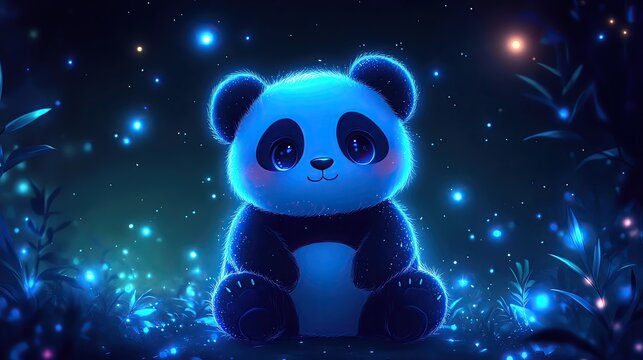 Glowing panda amid magical blue lights