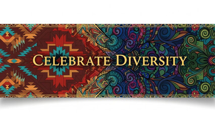 Vibrant celebrate diversity banner with aztec and paisley patterns in red blue green yellow