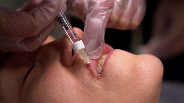 Beautician doctor makes botulinum toxin injection in the lips of young beautiful woman. Colorcorrected 4k shot
