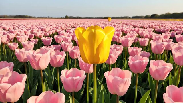High angle sweeping shot over a solitary bright yellow tulip standing isolated in a vast field of uniform pale pink pastel color symbolizing focus and rarity abstract landscape, website banner