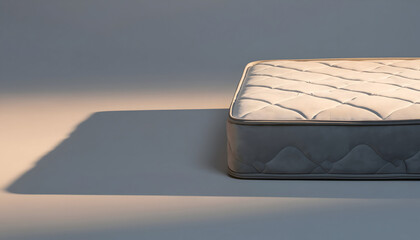 Obraz premium Orthopedic Mattress With White Fabric Cover And Gray Sides Casts Long Shadow In Warm Sunlight Side View Close Up