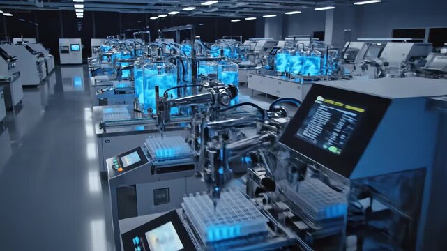 High angle sweeping view across a massive bank of automated chemistry analysis machines and glowing blue reactors operating late at night in a clean laboratory solution, technology, industrial