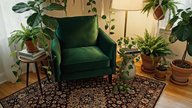 High angle sweeping vertical view of a meticulously arranged cozy corner featuring a large comfortable chair, abundant potted plants, and a glowing floor lamp marketing, interior design, library