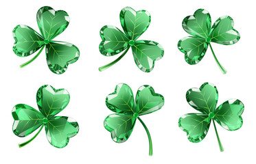 Set of six green shamrocks with faceted, gem-like leaves on a white background, in a digital art style.