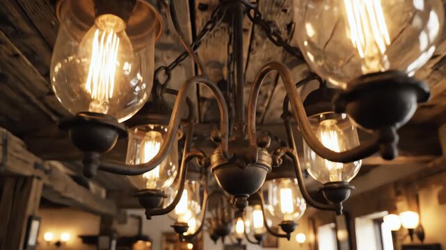 High angle tilting down over the distressed wooden plank ceiling and decorative chain links holding vintage light fixtures inside a historic tavern antique lamp, rustic pattern, metal chain