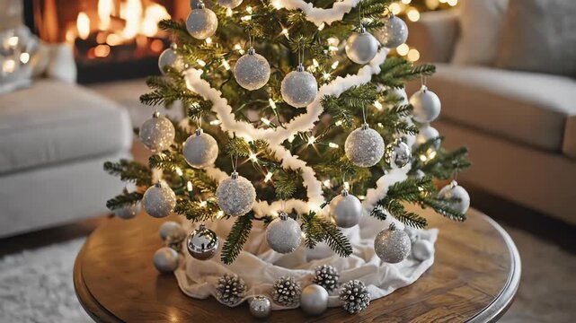 High angle tilt-shift simulation focusing down onto the gracefully decorated tabletop Christmas tree adorned with frosty silver globes and soft white garland decorated, soft, seasonal