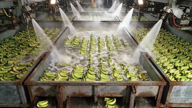 High angle top down wide shot showing hundreds of uniform green bananas arranged in symmetrical rows inside rustic industrial processing containers being rapidly washed tropical, water flow
