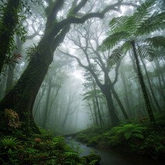 Obraz premium Misty Rainforest Stream with Lush Green Ferns and Ancient Trees.