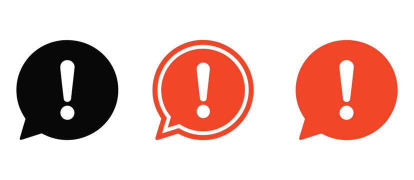 Warning alert bubble icon set, including caution, notice, and important message symbols, flat vector illustration