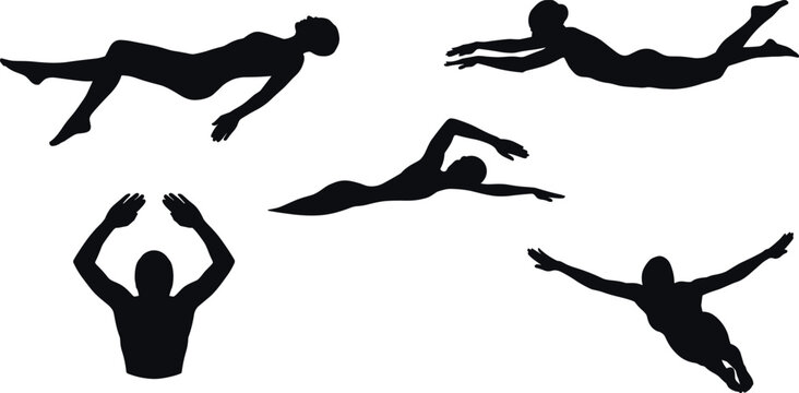 Swimming silhouettes showing freestyle, diving and floating body positions, professional swimmer poses isolated on white background illustration set