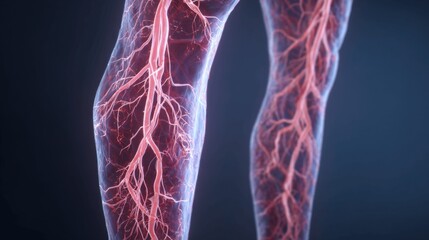 Human leg anatomy with visible blood vessels and arteries. Medical illustration displaying the vascular system for educational and healthcare use. Problem varicose veins disease.