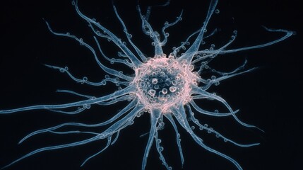 Close up view of a neuron cell or virus. Microscopic biological organism for scientific research and medical concept. Closeup nerve macro view on black isolated background.