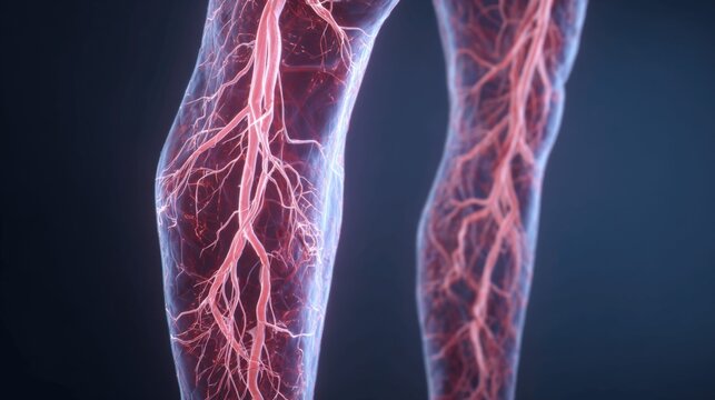 Human leg anatomy with visible blood vessels and arteries. Medical illustration displaying the vascular system for educational and healthcare use. Problem varicose veins disease.