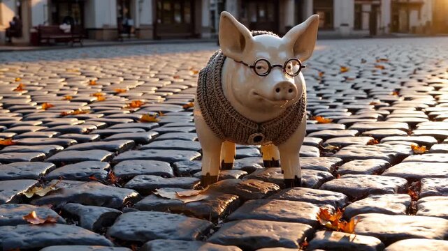 Piggybank with glasses stands on cobblestone street at sunset. Ceramic pig wearing sweater on city square. Savings piggybank on stone pavement. Financial pig with glasses outdoors in city.