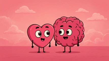 Cartoon heart and brain character standing together against a pink background with clouds. Concept art illustration of emotion and logic balance. Friendship, health and mental wellbeing concept.