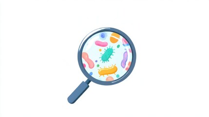 Magnifying glass showing a microscopic view of many colorful bacteria and virus. Concept of microbiology research and germ study for science and medicine. Colony of microbes and microorganisms art.