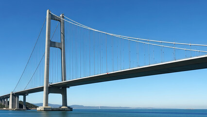 Obraz premium Modern cable-stayed bridge spanning over blue water under clear sky 