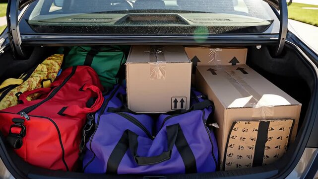 High angle view looking down into the cluttered storage space of an open gray sedan trunk filled with multicolored duffel bags and cardboard boxes on a sunny driveway home, delivery, angle