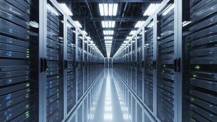 High angle wide establishing shot showcasing hundreds of identical metallic server racks extending into the distance under cold industrial fluorescent lighting in a secure facility system, information
