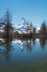 Vertical landscape of Matterhorn mountain with reflection on lake in Zermatt, Switzerland