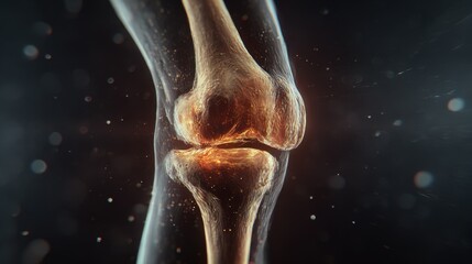 Human knee joint with glowing anatomical structure. Medical visualization for science, pain, or health concept. Bone health and body.