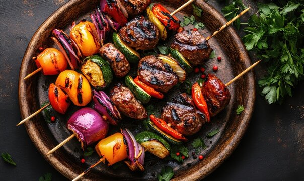 Freshly grilled skewers of vegetables and meat arranged on a rustic plate, vibrant and inviting tones, perfect for culinary or healthy eating visuals