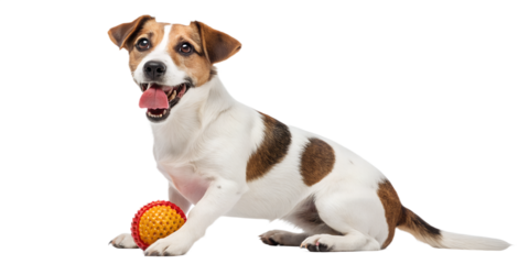 Dog sitting and holding a toy in its mouth. Full body realistic dog isolated on transparent background, PNG. Perfect for pet shop and playful concepts.