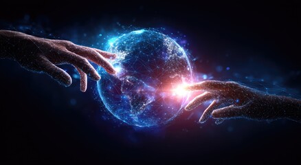 Two hands reaching towards a glowing, digitized globe in dark space