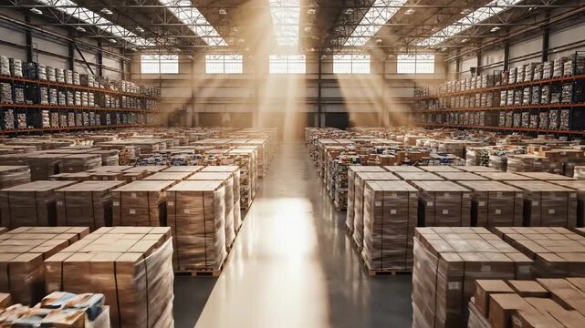 High angle wide shot looking down upon a massive grid arrangement of organized supply boxes and donated materials illuminated by bright afternoon sunlight streaming through high windows geometric, aid
