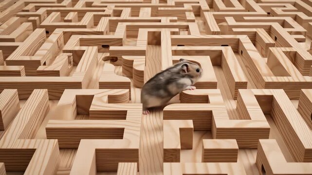 High angle wide shot showing a determined dwarf hamster pausing momentarily in a complex wooden maze, sitting with folded paws to survey its path discovery, determined, habitat