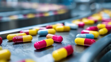 Colorful pharmaceutical capsules on conveyor belt in medical manufacturing facility. Modern laboratory processing medication for healthcare. Many pills, tablets, production of medicine factory.