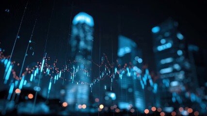 Abstract digital graph overlaying a blurred cityscape at night depicting financial data and business growth with vibrant blue and red highlights - Powered by Adobe