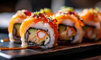 Freshly made sushi rolls with vibrant ingredients, deep warm tones, high-detail food photography, soft diffused lighting, delicious and meticulously crafted Japanese cuisine
