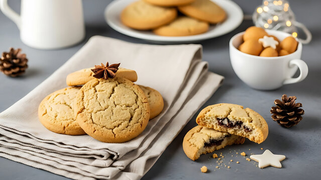 Freshly baked cookies on a grey surface with tea
