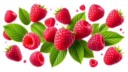 Fresh raspberries with green leaves isolated on transparent background