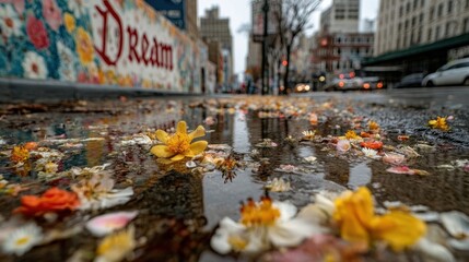 Colorful flower petals floating in a street puddle reflecting urban buildings with Dream graffiti on the wall perfect for poetic city concepts and editorial visuals
