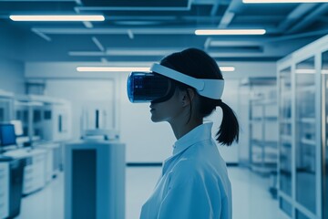 Asian female scientist in laboratory wearing vr headset for research