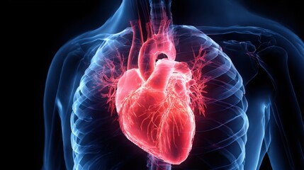Red glowing human heart and thoracic cavity. Scientific medical art illustration of cardiovascular system for education and research. Anatomical organ.