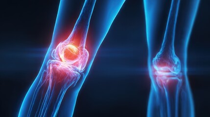 Joint pain medical illustration showing inflamed knee with red highlight. Concept of injury, arthritis, or rheumatism in human anatomy for medical information.