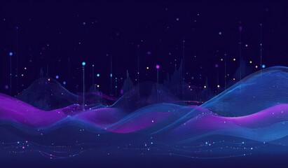 A digital landscape, rendered in gradients of purple and blue with data point details