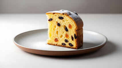 Slice of panettone cake on a plate isolated on white background