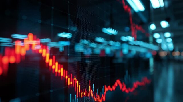 Abstract digital graph showing a downward trend in red against a blurred blue background representing financial market decline and economic instability