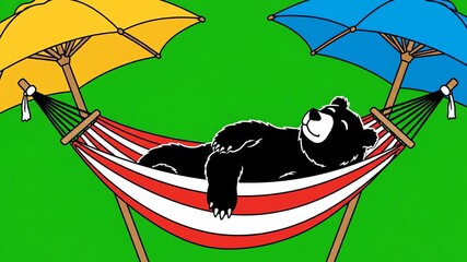 High contrast black outline illustration of a bear resting in a hammock slung between two beach umbrellas, perfectly isolated on a solid keyable green screen background studio shot, beach umbrellas