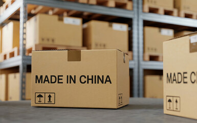 Cardboard Shipping Box with Made in China Text in Warehouse Storage