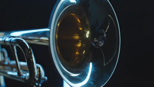 High contrast cinematic pan over the bell of a golden trumpet illuminated dramatically by intense futuristic blue neon light creating sharp reflections entertainment, golden trumpet, brass