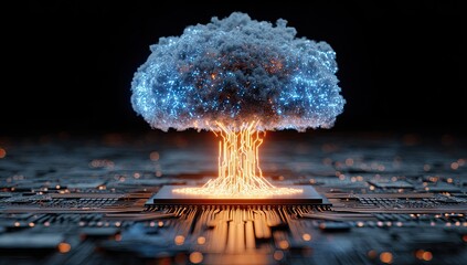 Glowing digital tree emerging from a circuit board against a stark black background