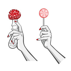 Drawing women's hands hold food items. Vector.