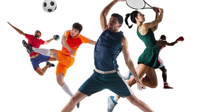 Creative video ad. Dynamic sports collage of multi athletes in mid air action. Concept of sports advertising, fitness campaigns, apparel branding, event promotion, and social media marketing.